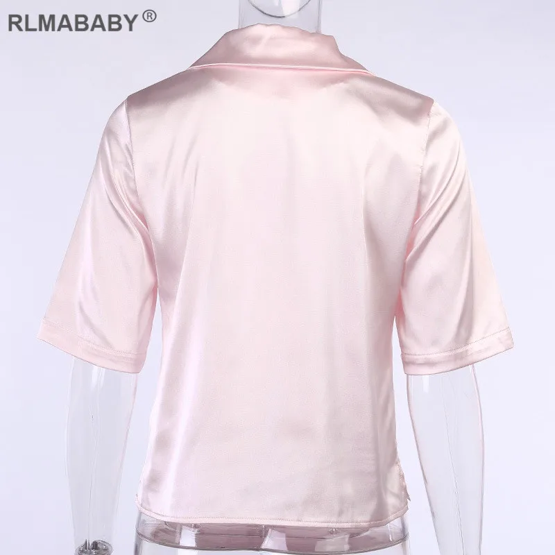 Solid Notched Collar Silk Satin Blouse Elegant Soft Short Sleeve Button Summer Women Tops 2020 Office Lady Fashion Pink Blouse