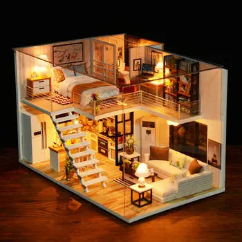 

DIY Cabin Immagination Dollhouse Loft Apartments Wooden Furniture Birthday Gifts Craft Music Handmade LED Light Multiple Styles