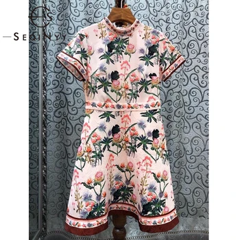 

SEQINYY Pink Dress 2020 Summer Spring New Fashion Design Women Sicily Style Short Sleeve Jacquard FLowers Print Slim Dress