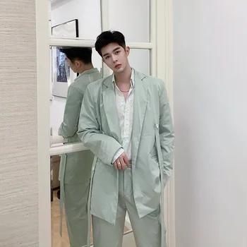 

Stage Clothes Men 2 Pieces Sets Ribbon Casual Suit Jacket Pant Japan Korea Style Male Women Fashion Show Blazer Coat Trousers
