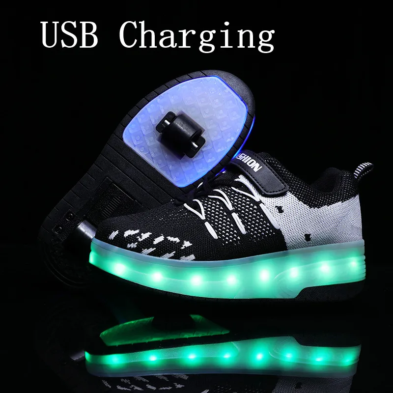 Cena 2020New 29 40 USB ładowanie dziecięce trampki z 2 kółkami dziewczęce chłopięce buty led dziecięce trampki z rolki wrotki