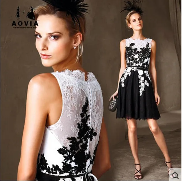 

short Prom Dresses 2019 vestidos de gala lace appliques black and white sleeveless cheap prom dress party gown Evening dress