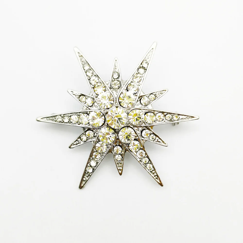 Vintage Victorian Luxury Rhinestone Starburst Star Brooches& Pins Shiny Silver Crystal Cloak Lapel Pin Women Bouquet Jewelry