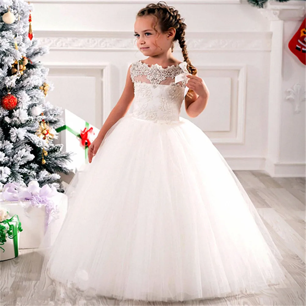 

New Flower Girl Dresses Lace Appliques Sleeveless Ball Gowns Beading Floor Length Pageant First Holy Communion Prom Dresses