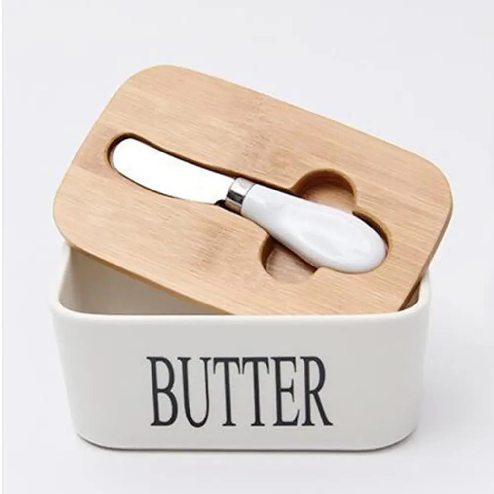 

6 Inch Nordic Butter Sealing Box,Ceramic Butter Plate,White,with Wood Lid and Knife,Cheese Storage Container Tray Butter Dish