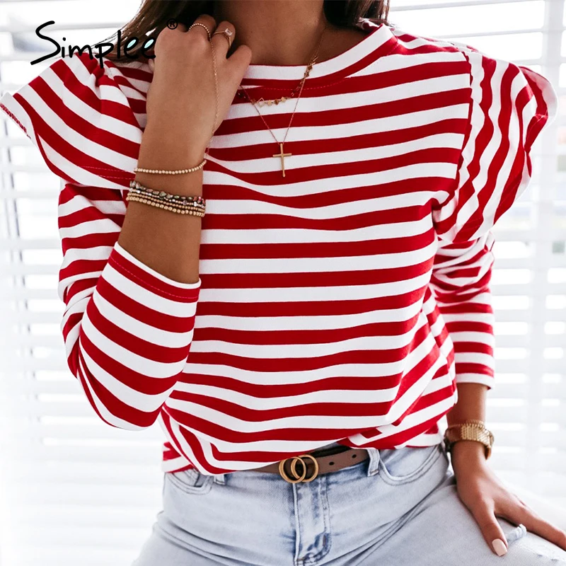 Simplee Causal Long Sleeve Red White Striped Tops For Female Autumn Winter Ruffled Base Shirt 2020 Streetwear O-neck Women Tops