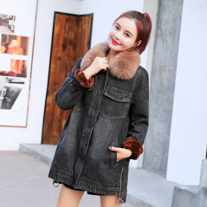 

Autumn And Winter New Style 2018 Loose-Fit Mid-length Brushed And Thick Jeans Coat Cotton Coat