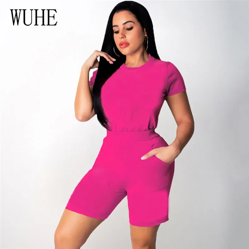 

WUHE Women Solid Cotton Two Piece Set Tee Tops Shorts Pocket Side Jogger Sweatpants Suit Summer Tracksuit Casual Matching Set
