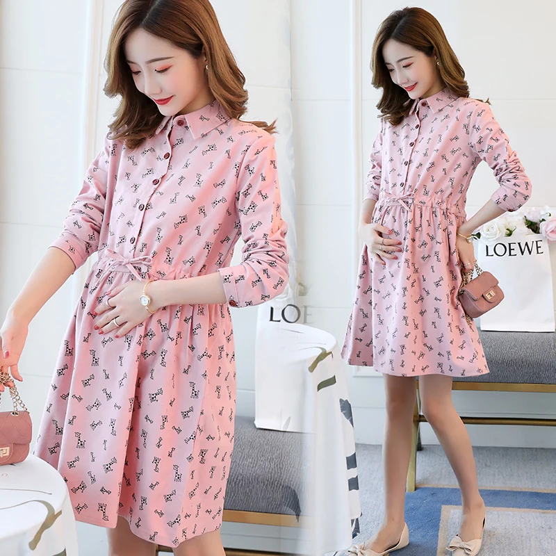 

Autumn/Winter Pregnant Women Long Sleeve Dress Single-Breasted Turn-Down Collar Drawstring Waist Fashion Printing Cotton Dress