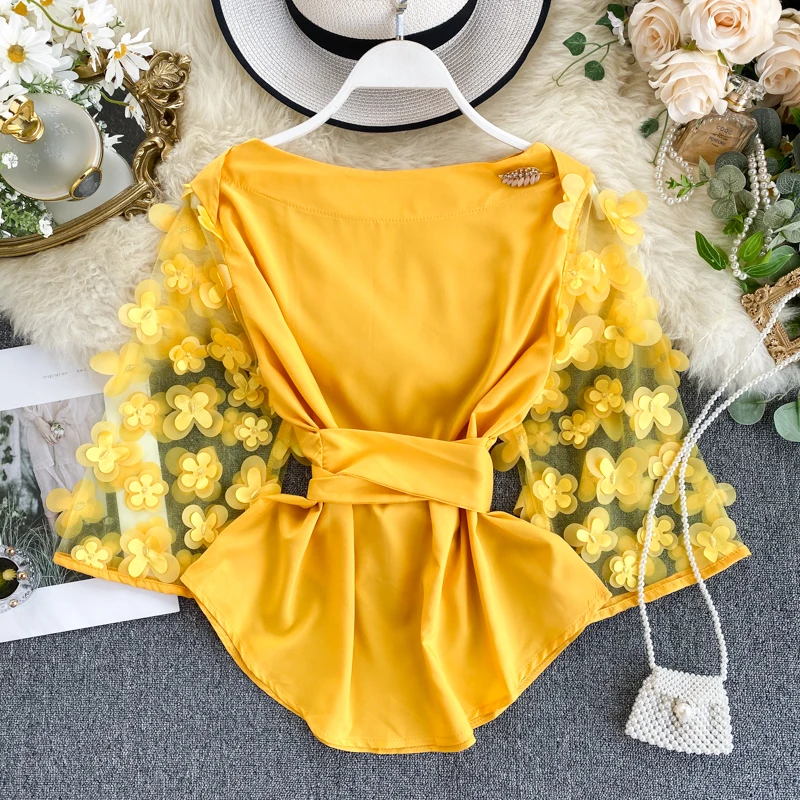 

Women Blouse Petal Perspective Mesh Shirts 2020 Chic Tops Long Flare Sleeve Elegant Feminine Blouses Yellow