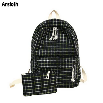 

Ansloth Plaid Pattern Backpack Teenage Girls Canvas School Bag Lady Solid Color Bag Pack Simple Design Backpack And Purse HPS804