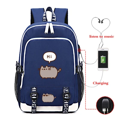Usb зарядка ушной Заушник отверстие Pusheen печатных милый рюкзак для женщин и мужчин холщовый мешок плечи рюкзаки