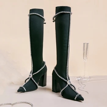 

Knee High Sock Boots High Heels Slip On Long Boots Knitted Crystal Fashion Women Shoes Pointed Toe Shoes