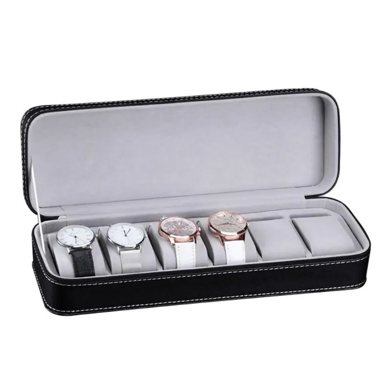 

6 Slots Black Gray PU Leather Pratical Watch Storage Display Holder Box Case Jewelry Bracelet Necklace Storage Case Organizer