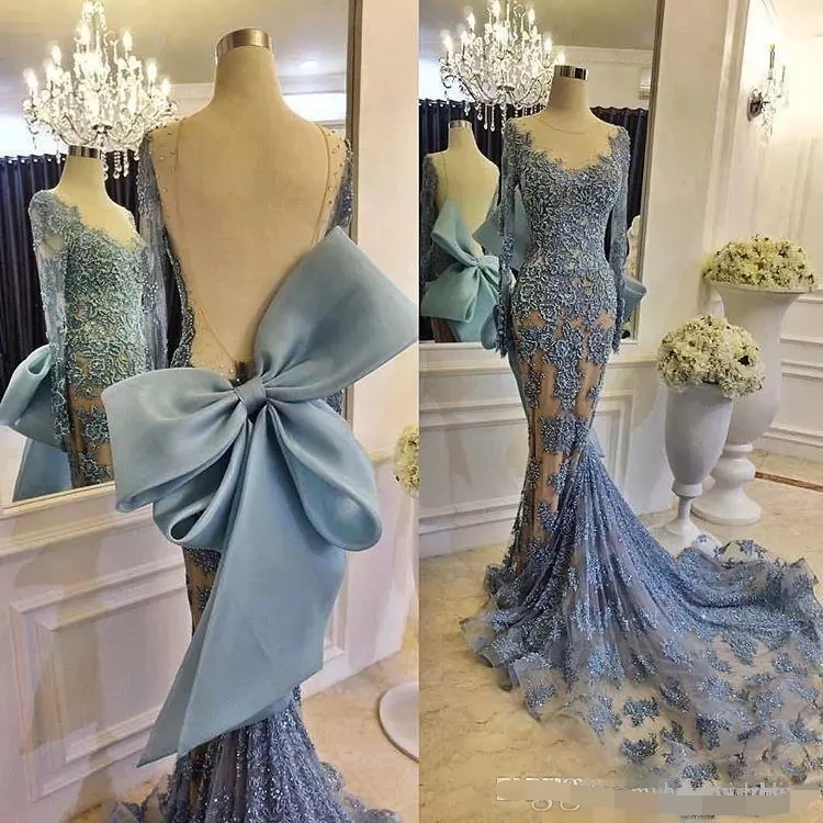 

2019 Mermaid Evening Dress Long Sleeves Lace Applique Big Bow Pageant Prom dresses Custom sexy backless robe de soiree