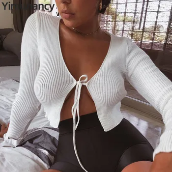 

Yimunancy 2019 Autumn 3 Colors Knitted Top Women Lace Up Casual Top Ladies White/Black Crop Top Blusas Streetwear