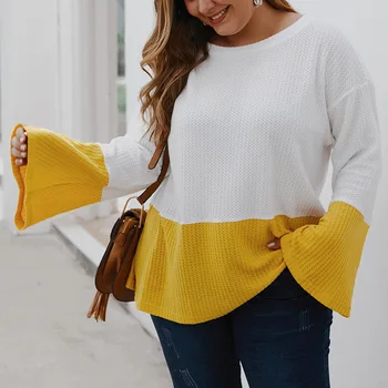 

Fashion woman knitted T-shirt round neck long-sleeved top XL-4XL Sennage frosted contrast stitching bottoming shirt clothing