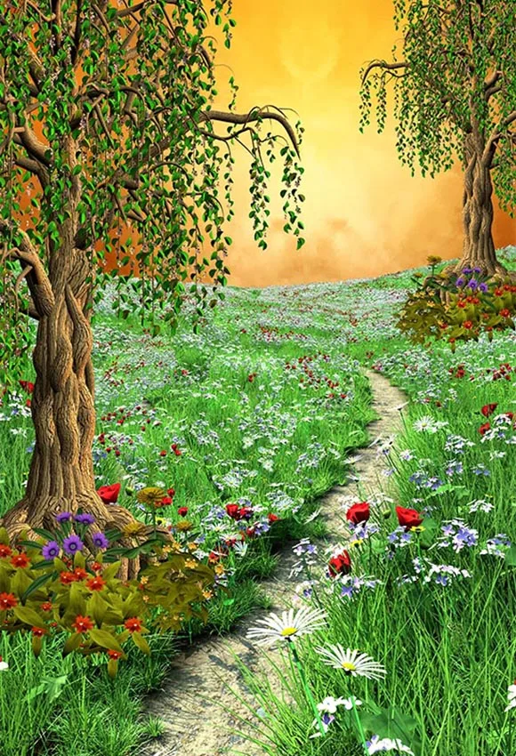 5X7Ft Sunset Sky Fairt Garden Erba Verde Fiori Rossi Percorso Parco Studio Fotografico Personalizzato Sfondo Sfondo Vinile 150Cm X 220Cm