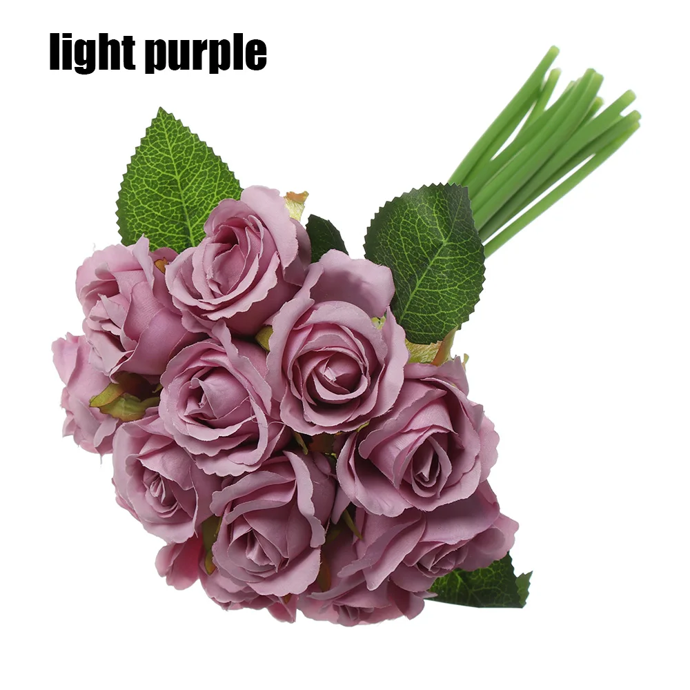 light purple 12 шт. искусственная Роза ручной работы букет декоративные шелковые цветы невесты букеты для свадебные принадлежности вечерние украшения дома - Цвет: light purple