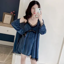 Женский велюровый пижамный комплект из 4 предметов, бархатная кружевная Домашняя одежда, Дамское сексуальное нижнее белье, Женская осенне-зимняя теплая одежда для сна