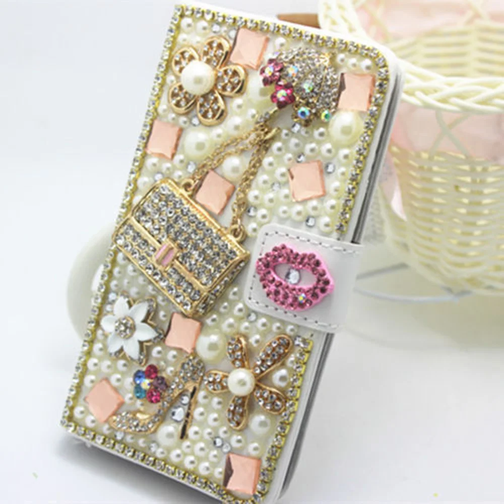 Luxury Bling Handmade Glitter Rhinestone Pearl Leather Flip Wallet Phone Case For iPhone14 11 12 13 Pro MAX XR Xs 7 15 Plus