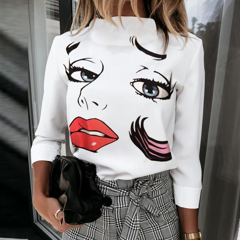 FREE SHIPPING Elegant Lips Print Blouse Shirts JKP4367