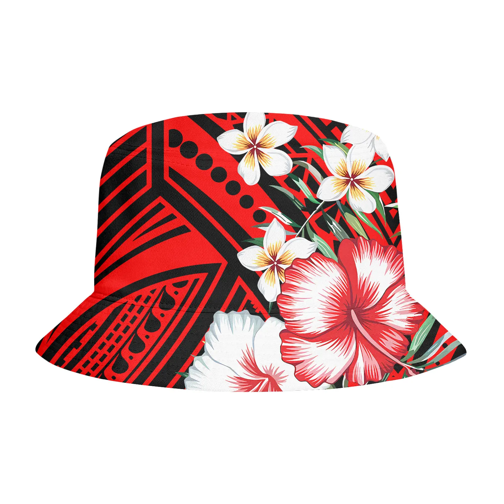 

2021 Custom red and black print hibiscus unisex Bucket Hats design 3D logo Polynesian Fisherman hats outdoor leisure sun hat