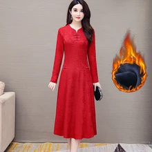 Robe de soirée en velours doré rétro Cheongsam, élégante, manches longues, grande taille, doublure, en polaire, Vintage, taille fine, pour femmes