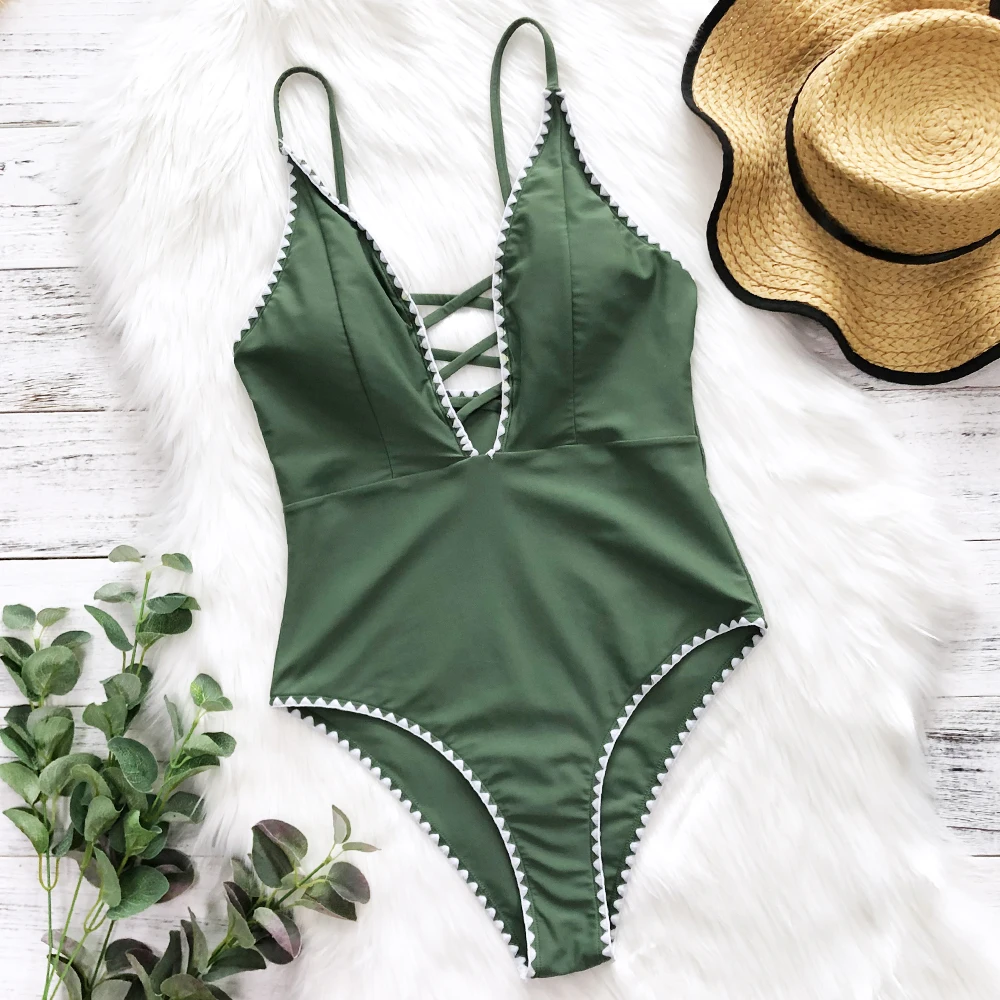 

2020 New One Piece Swimsuit For Women Solid Green Swimwear Crochet Trim Sexy Deep V Monokini Girls Beach Bathing Suit