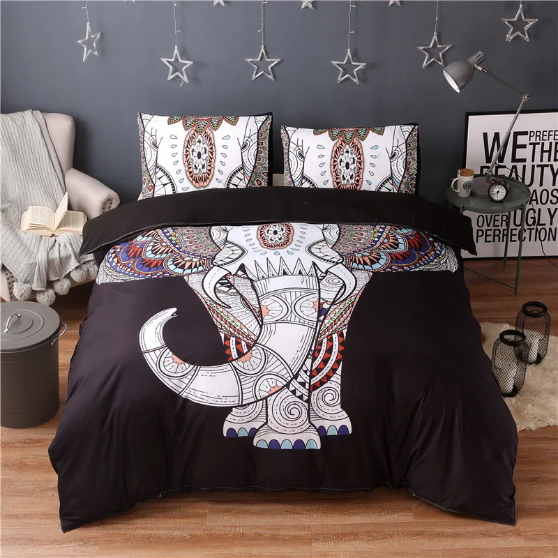 

Bohemian Duvet Cover Set 3pcs Double Queen King Bedclothes Bed Linen Black Elephant print Bedding Sets(No Sheet No Filling)