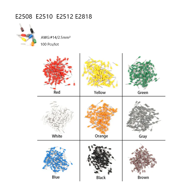 

100PCS E2508 Tube Insulating Terminals AWG 14 Insulated Cable Wire 2.5mm Connector Insulating Crimp Terminal Connect DIY YOU