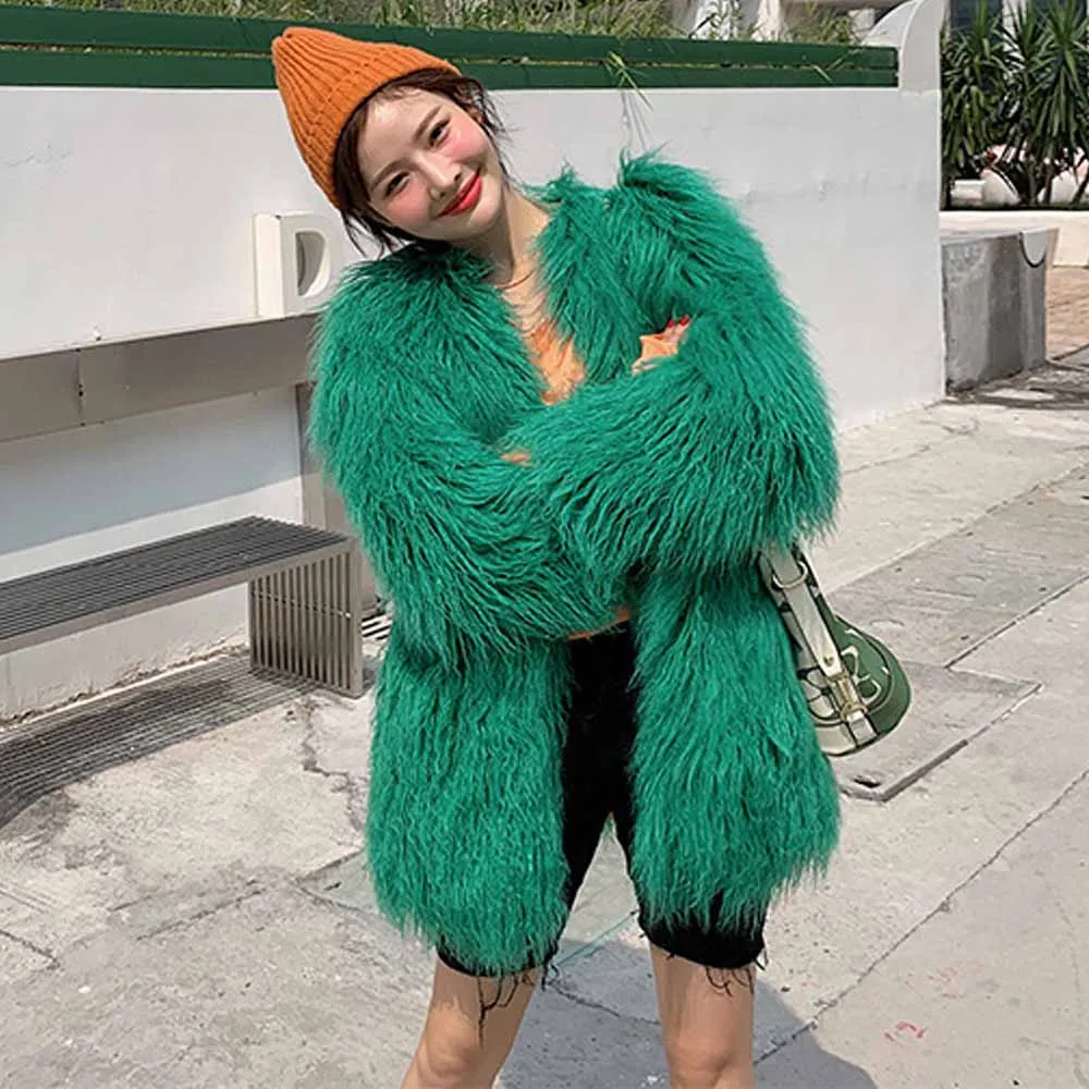 TXJRH, корейский стиль, зеленое мохнатое пальто из искусственного меха монгольской овцы, зимняя теплая куртка, стильная женская верхняя одежда с карманами