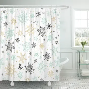 

Blue Gold Christmas and New Year with Snowflakes Green Black Shower Curtain Waterproof Polyester Fabric 72 x 72 Inches Set