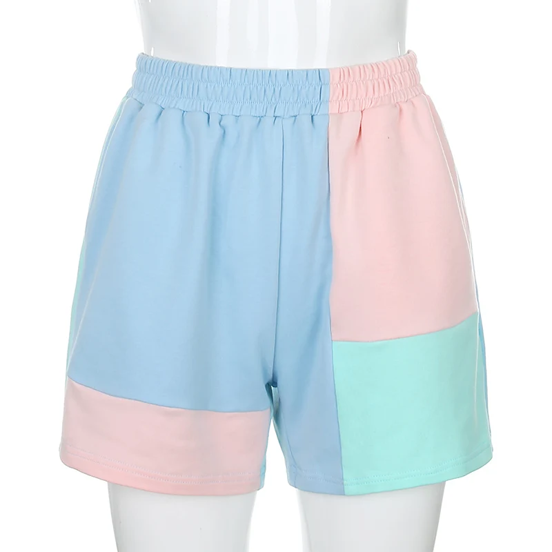 Kpop Macaron Colorblock Elastic High Waist Casual Straight Shorts Summer Activewear Women Loose Cute Sports Shorts