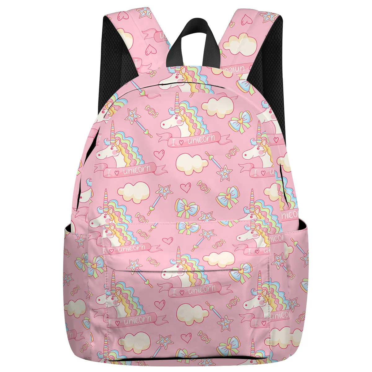 

WHEREISART Pink I Love Unicorn Backpacks International Airplane Travel Internal Frame Backpacks Soft And Comfortable Bottle Side