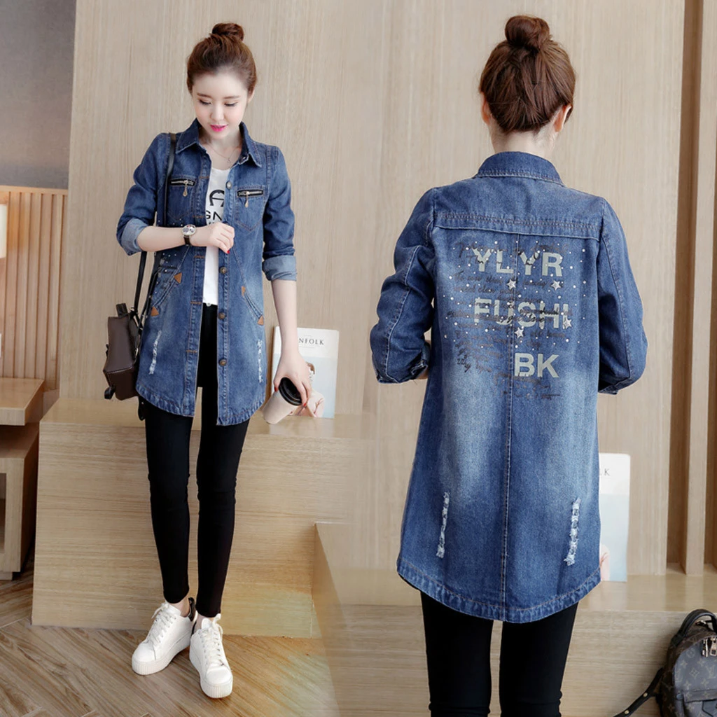 CHAMSGEND Basic Long Jeans Coats Women Slim Ripped Denim Loose Beading Hole Jacket Elegant Vintage Frayed Outwear 1008