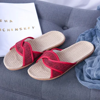 

Summer women's shoes slippers hemp rope flat cross strappy slippers open toe indoor shoes