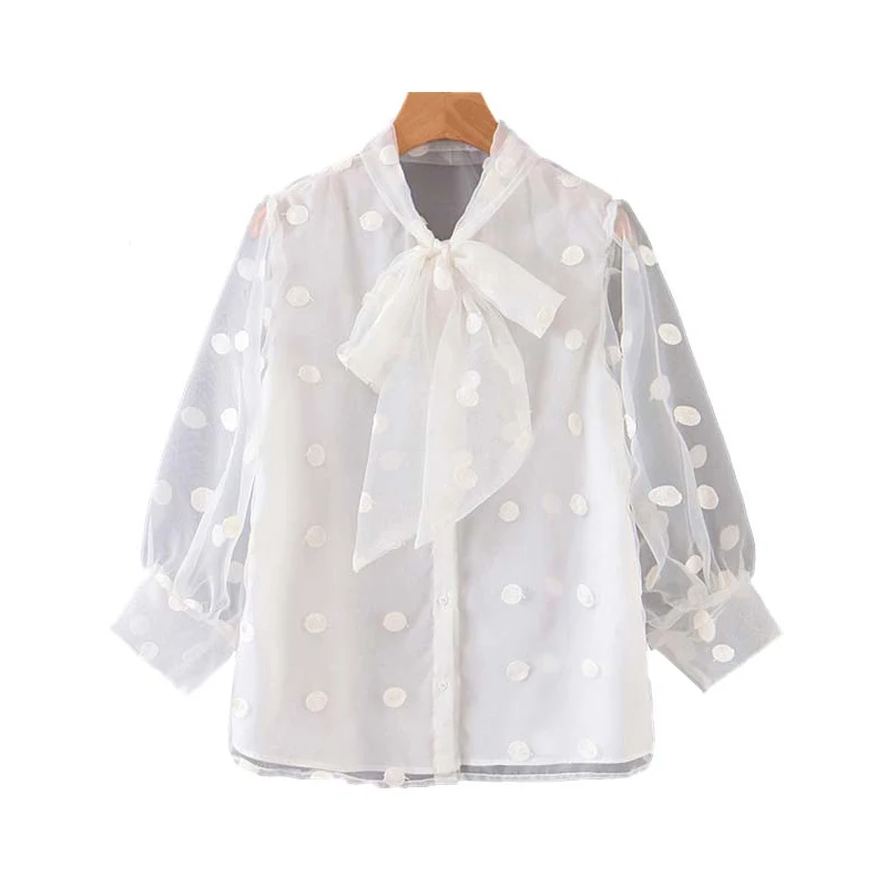 

Women Blouses 2019 Fashion Bow Tie Collar Lantern Sleeve Office Lady Shirts Vintage Stylish Polka Dot See Through Short Tops