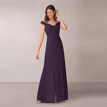 

New Arrival Plum Chiffon High Side Split Cap Sleeves Mother of the Bride Dresses Plunge V Neckline Applique Wedding Party Gowns