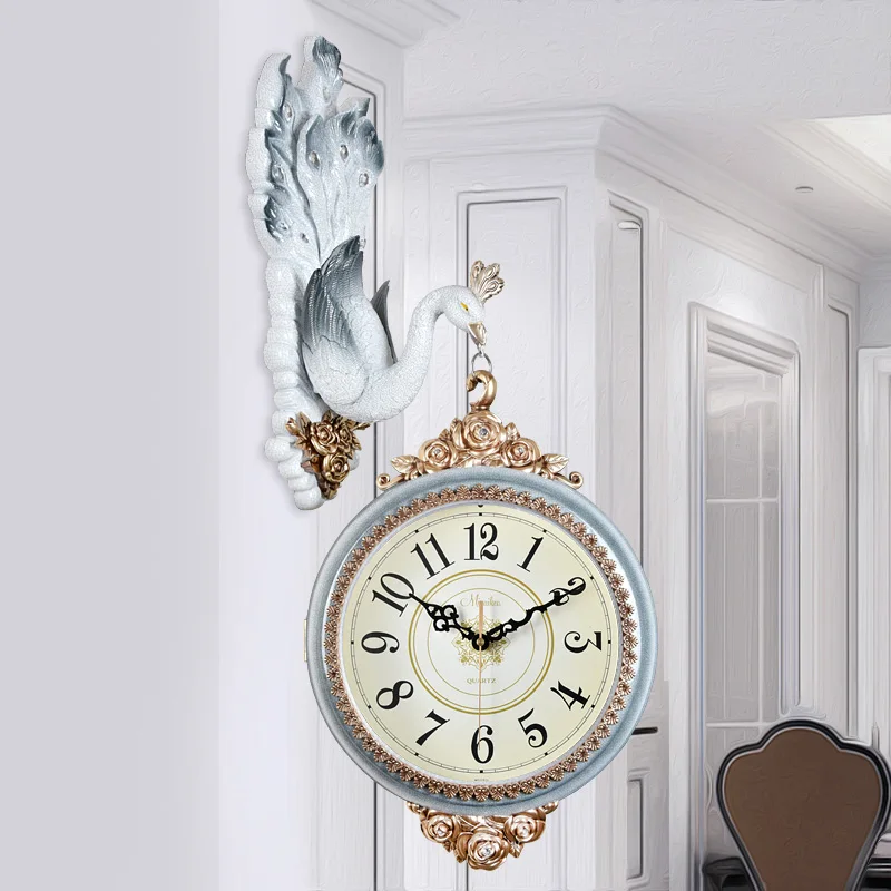European Wall Clock Double-sided Watch Clock Living Room Clocks Creative Personality Peacock Decoration Artist with Silent Clock