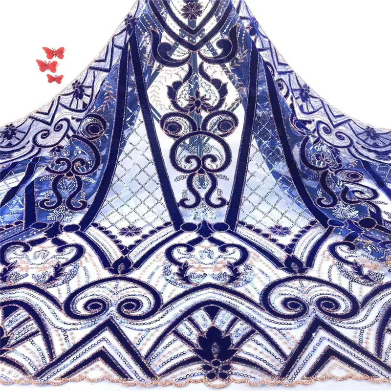 

High Quality African Velvet Lace Fabric 2019 Latest French Sequins Lace Royal Sequin Fabric for Evening Dress