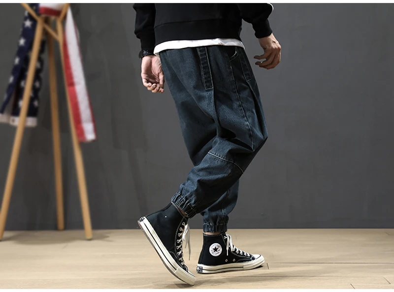 Японские модные мужские джинсы, свободные, сшитые брюки-карго, хип-хоп джоггеры, уличная одежда с эластичной талией, винтажные дизайнерские джинсы-шаровары