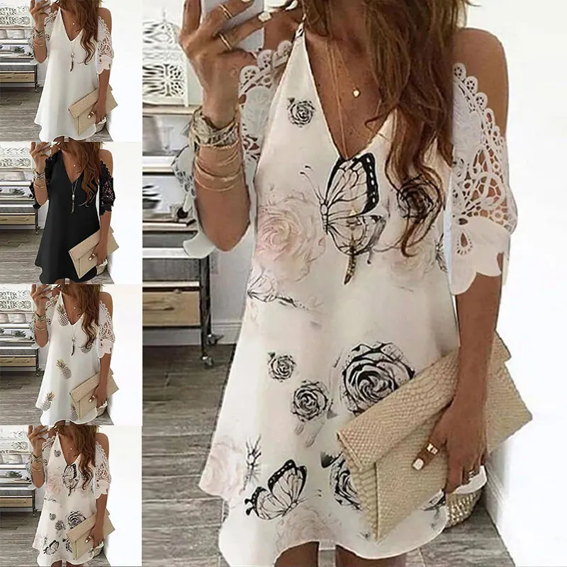 

Women Sexy Off Shoulder V Neck Pineapple Floral Print Cold Shoulder Lace A Line Beach Dress Mini Dress Vestidos