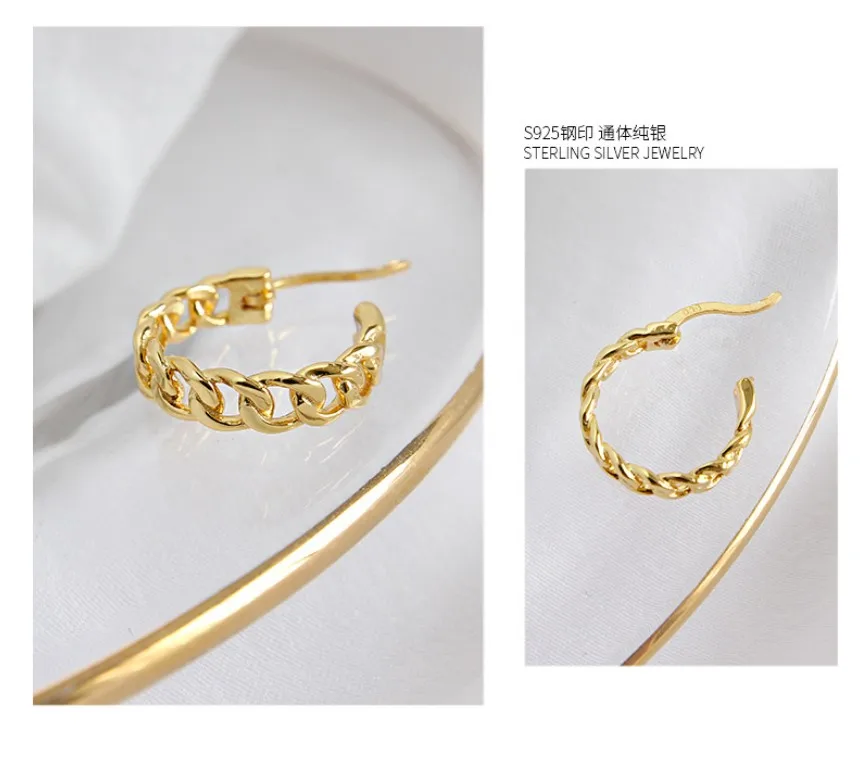 Vintage Real 925 Sterling Silver Earrings Woman Link Chain Shaped Punk Antique Silver Hoop Earring Female Decoration EF236