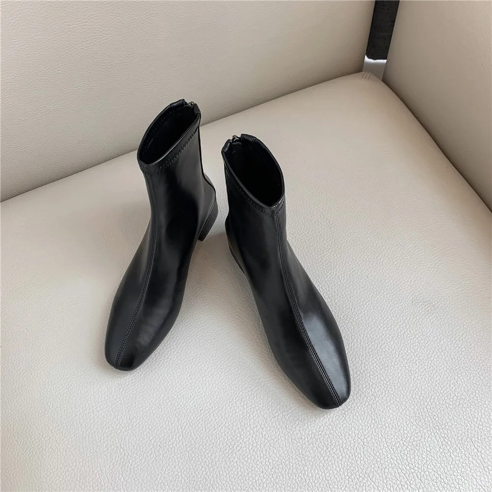 Эластичные ботильоны женская офисная обувь на молнии на низком квадратном каблуке 4 см с круглым носком черно-Бежевые ботинки телесного цвета MING03 muyisxi