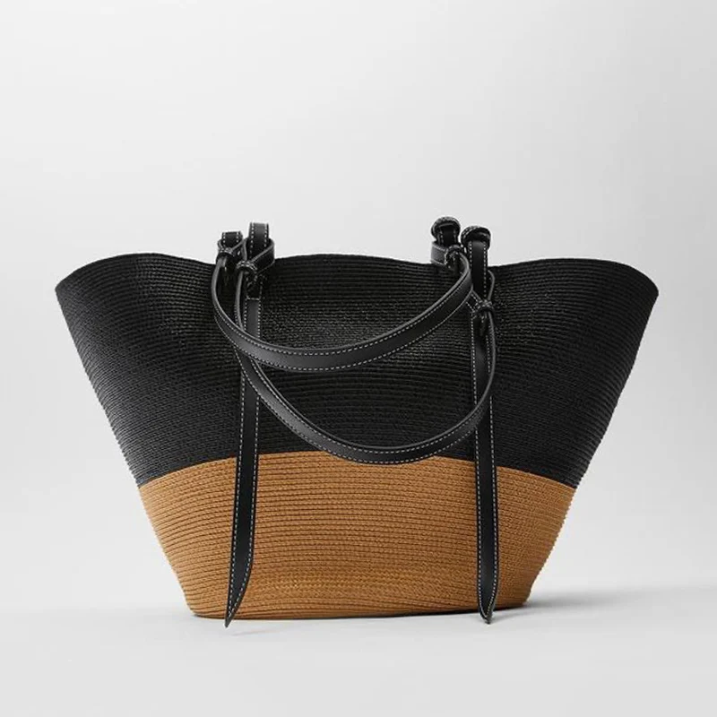 

Вместительная женская сумка-тоут, дизайнерская плетеная контрастная богемная Летняя Пляжная соломенная сумочка-Шоппер на ремне