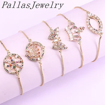 

10Pcs Fashion Multi Rainbow Crystal Zirconia Round/Crowen/insects Slide Chain Adjustable Bracelets Jewelry For Women Girls
