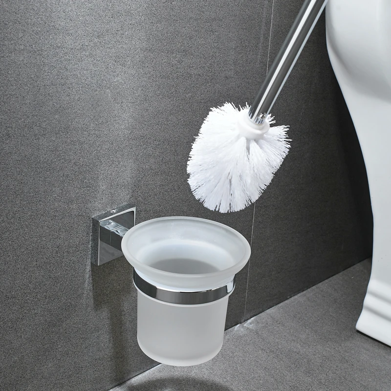 Stainless Steel Wall-Mount Toilet Brush Holder with Frosted Glass Container