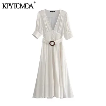 

KPYTOMOA Women 2020 Elegant Fashion With Belt Pleated Midi Dress Vintage V Neck Short Sleeve Female Dresses Chic Vestidos Mujer