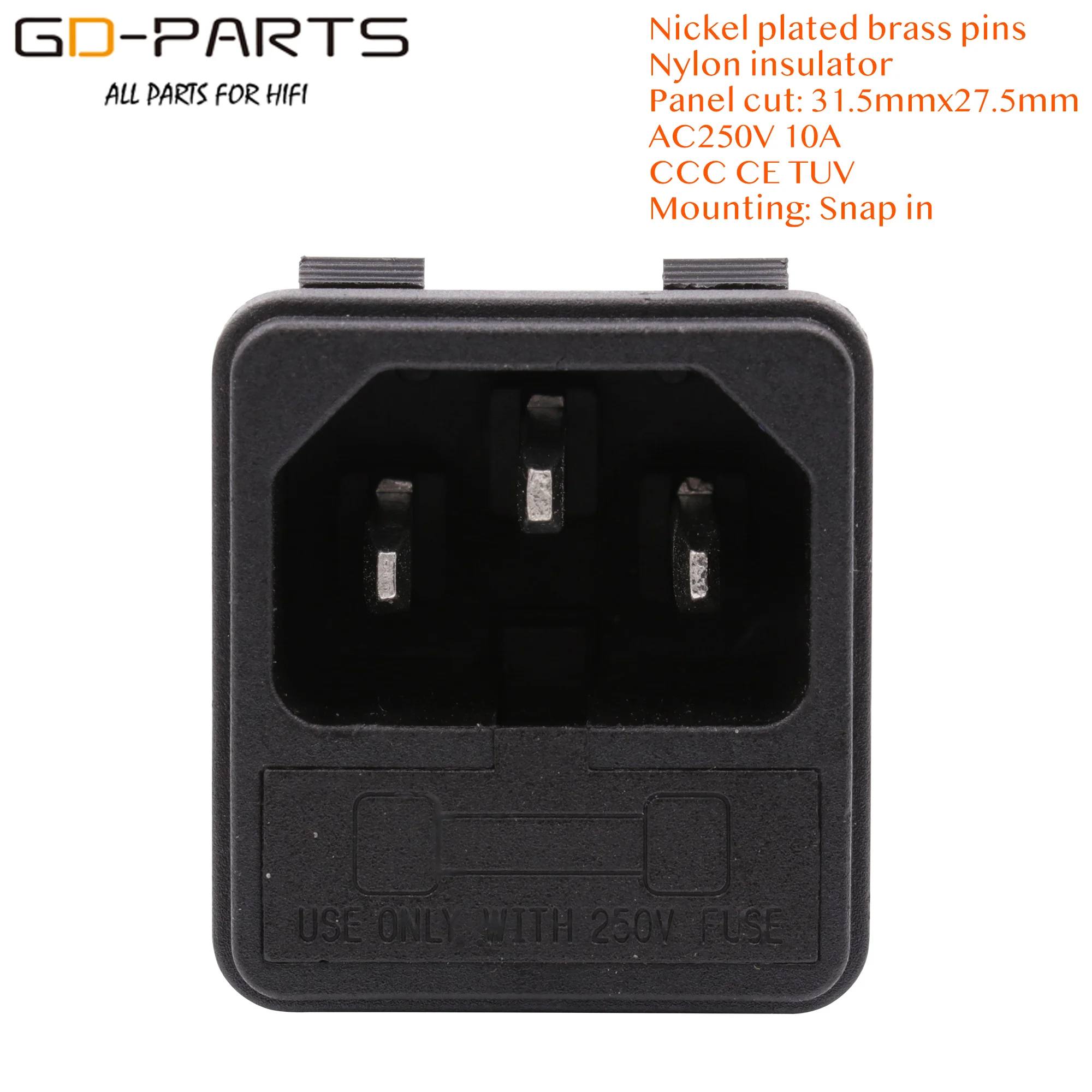 10A 250V AC Power Socket With Fuse 3 Pin 3P Copper Power Jack Socket For DIY